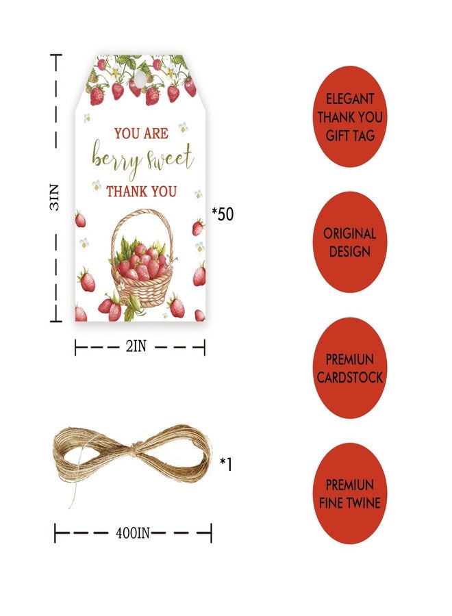 FORSHEEP 50pcs Strawberry Thank You Tags, Berry Sweet Gift Tag with String for Fruit Themed Party, Thank You Paper Tags for Girl Birthday/Sweet One Party Favors - Image 2